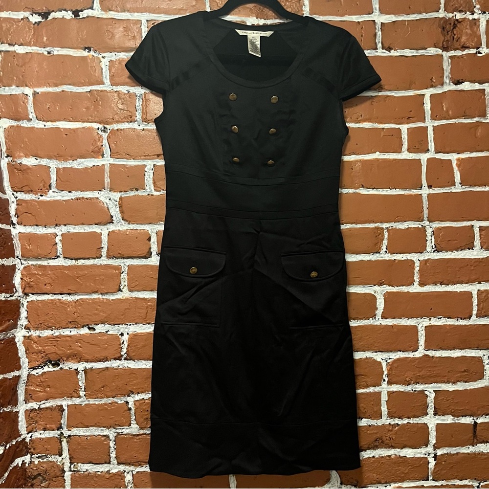 Diane Von Furstenberg Silk Black Midi Dress with Button Accents